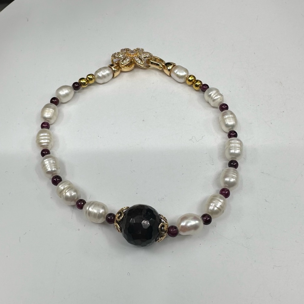 #320 New Handmade Freshwater Pearl & Garnet Bracelet with Statement